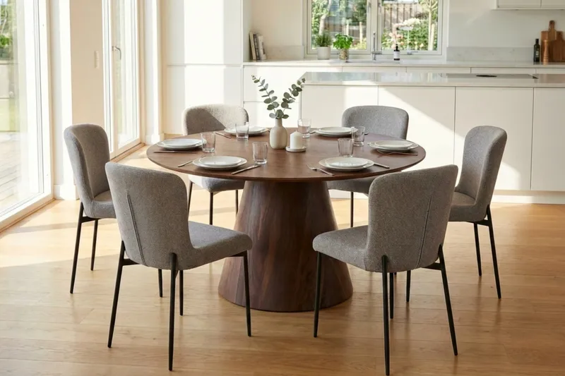 Siena Matgrupp runt 130 cm Valnöt med 6 Elsie Matstolar - Valnöt/Ljusgrå - Möbler - Bord & matgrupp - Matgrupp