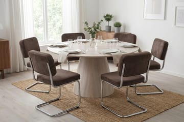 Siena Matgrupp runt 130 cm Vitlaserad med 6 Milva Matstolar - Vitlaserad/Brun/krom - Möbler - Bord & matgrupp - Matgrupp