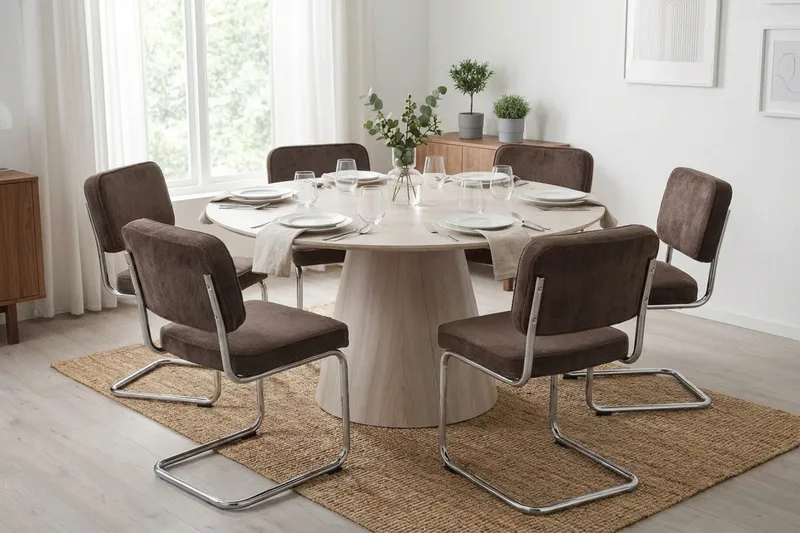 Siena Matgrupp runt 130 cm Vitlaserad med 6 Milva Matstolar - Vitlaserad/Brun/krom - Möbler - Bord & matgrupp - Matgrupp