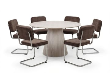 Siena Matgrupp runt 130 cm Vitlaserad med 6 Milva Matstolar - Vitlaserad/Brun/krom - Möbler - Bord & matgrupp - Matgrupp