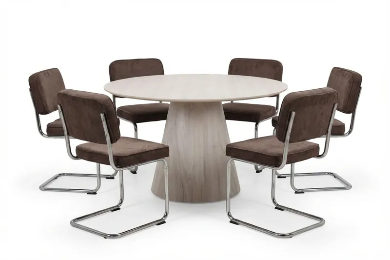 Siena Matgrupp runt 130 cm Vitlaserad med 6 Milva Matstolar - Vitlaserad/Brun/krom - Möbler - Bord & matgrupp - Matgrupp