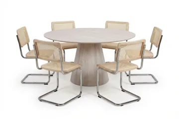 Siena Matgrupp runt 150 cm Vitlaserad med 6 Build Matstolar - Vitlaserad/Natur/krom - Möbler - Bord & matgrupp - Matgrupp