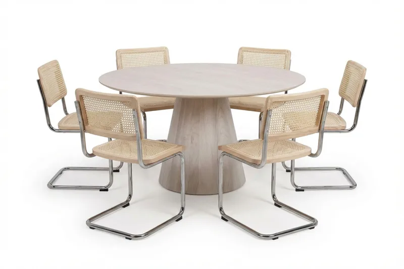 Siena Matgrupp runt 150 cm Vitlaserad med 6 Build Matstolar - Vitlaserad/Natur/krom - Möbler - Bord & matgrupp - Matgrupp