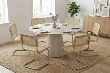 Siena Matgrupp runt 150 cm Vitlaserad med 6 Build Matstolar - Vitlaserad/Natur/krom - Möbler - Bord & matgrupp - Matgrupp