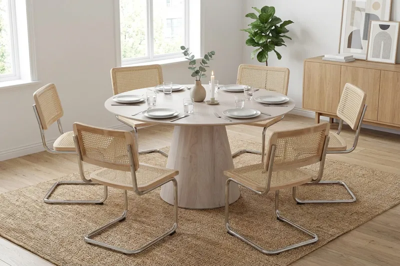 Siena Matgrupp runt 150 cm Vitlaserad med 6 Build Matstolar - Vitlaserad/Natur/krom - Möbler - Bord & matgrupp - Matgrupp