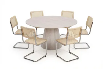 Siena Matgrupp runt 150 cm Vitlaserad med 6 Build Matstolar - Vitlaserad/Natur/krom - Möbler - Bord & matgrupp - Matgrupp