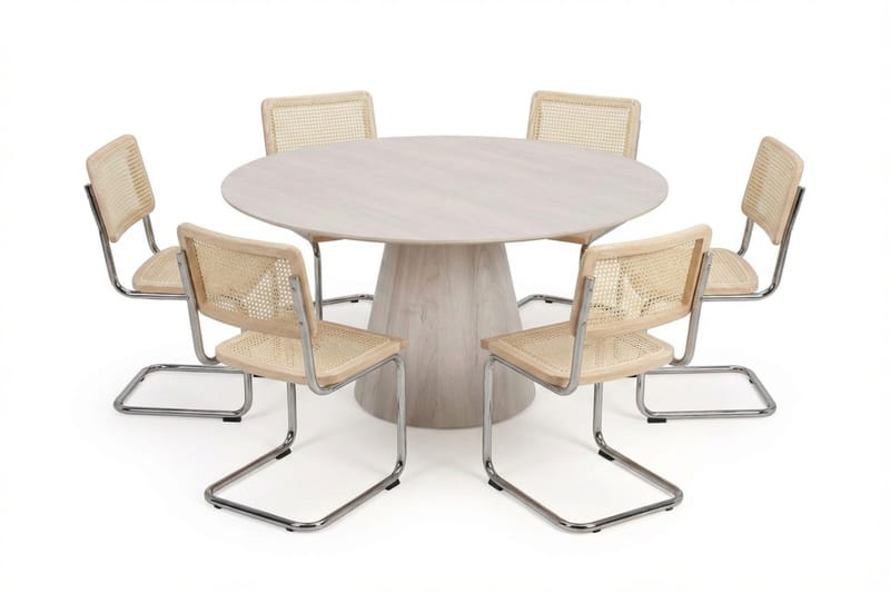 Siena Matgrupp runt 150 cm Vitlaserad med 6 Build Matstolar - Vitlaserad/Natur/krom - Möbler - Bord & matgrupp - Matgrupp