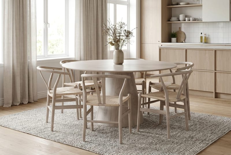 Siena Matgrupp runt 150 cm Vitlaserad med 6 Dastoori Matstolar - Vitlaserad - Möbler - Bord & matgrupp - Matgrupp
