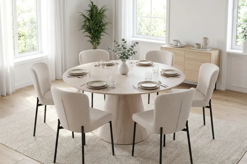 Siena Matgrupp runt 150 cm Vitlaserad med 6 Elsie Matstolar - Vitlaserad ek - Möbler - Bord & matgrupp - Matgrupp