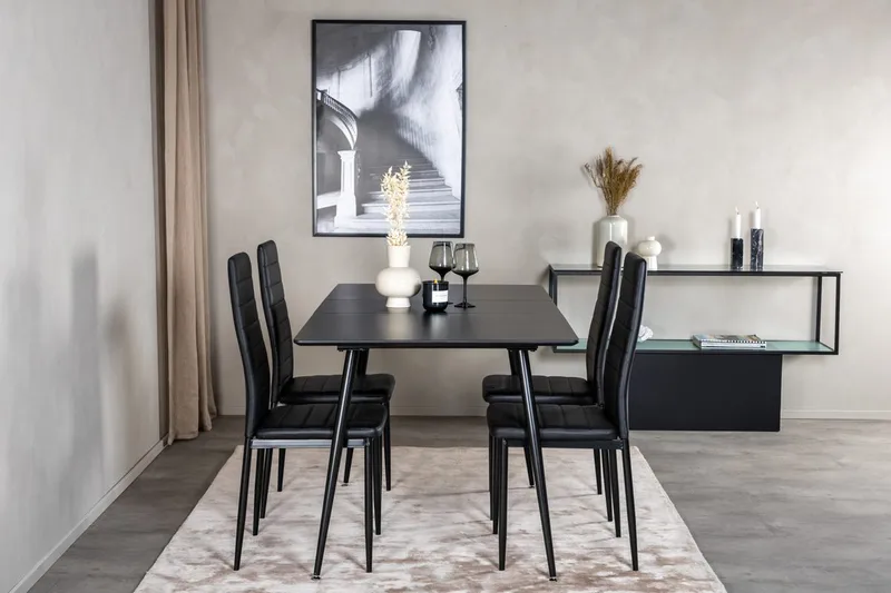Silar Rektangulär Matgrupp 120-160 cm med 4 Slim Matstolar, svart