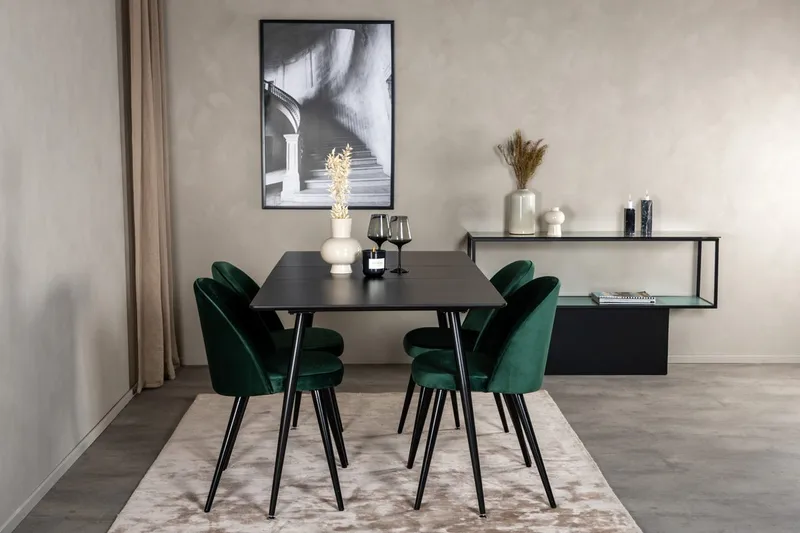Silar Rektangulär Matgrupp 120-160 cm med 4 Velvet Matstolar, grön