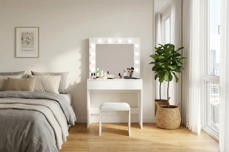 Glow Litet sminkbord 80 cm med spegel lådor och pall -  LED Belysning - Vit - Möbler - Bord & matgrupp - Sminkbord & toalettbord