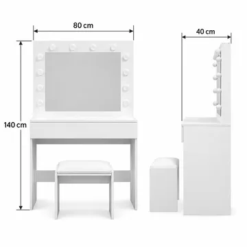 Glow Litet sminkbord 80 cm med spegel lådor och pall -  LED Belysning - Vit - Möbler - Bord & matgrupp - Sminkbord & toalettbord