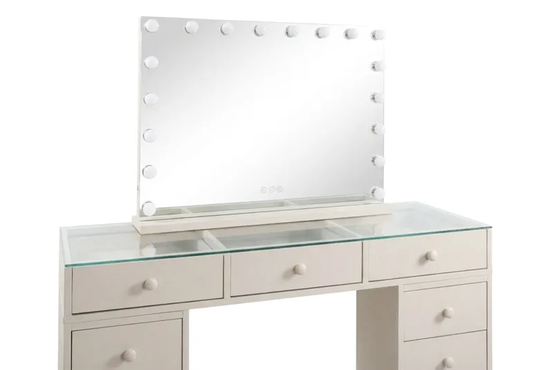 Glow Sminkbord 120 cm med Glasskiva Förvaring och Lådor samt Spegel 80 cm med Belysning - Beige - Möbler - Bord & matgrupp - Sminkbord & toalettbord