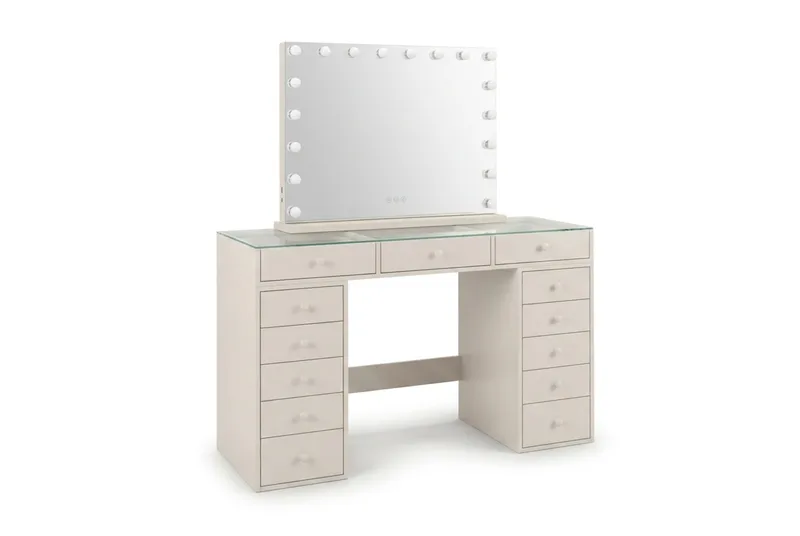 Glow Sminkbord 120 cm med Glasskiva Förvaring och Lådor samt Spegel 80 cm med Belysning - Beige - Möbler - Bord & matgrupp - Sminkbord & toalettbord