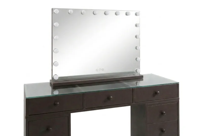 Glow Sminkbord 120 cm med Glasskiva Förvaring och Lådor samt Spegel 80 cm med Belysning - Brun - Möbler - Bord & matgrupp - Sminkbord & toalettbord