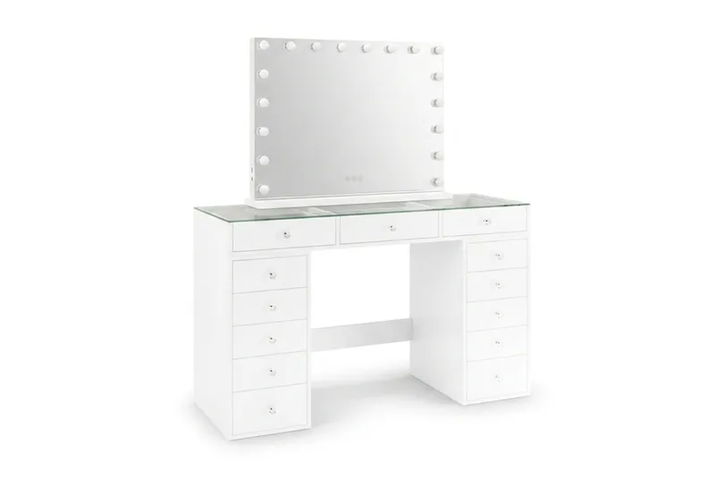 Glow Sminkbord 120 cm med Glasskiva Förvaring och Lådor samt Spegel 80 cm med Belysning - Vit - Möbler - Bord & matgrupp - Sminkbord & toalettbord