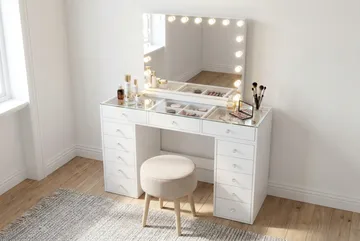 Glow Sminkbord 120 cm med Glasskiva Förvaring och Lådor samt Spegel 80 cm med Belysning - Vit - Möbler - Bord & matgrupp - Sminkbord & toalettbord
