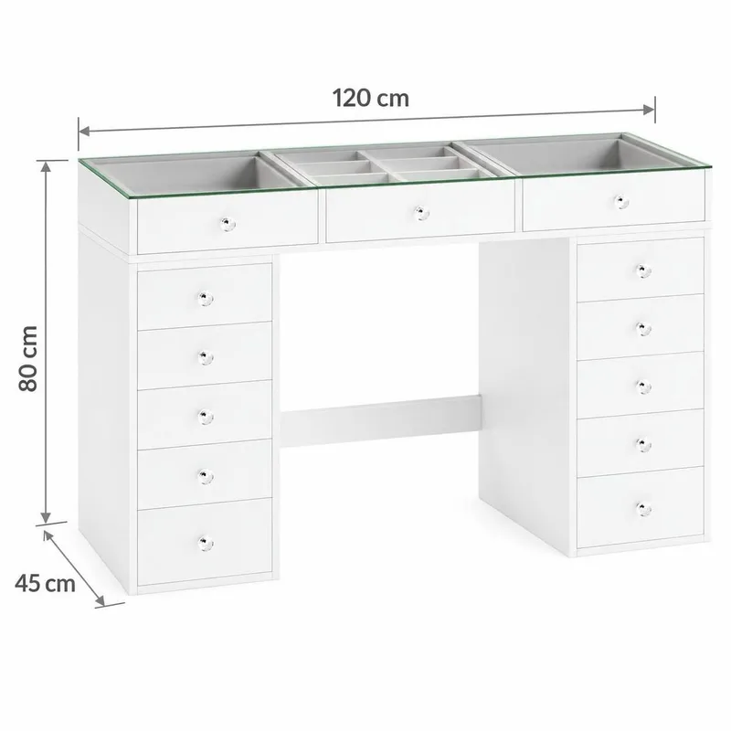 Glow Sminkbord 120 cm med Glasskiva Förvaring och Lådor samt Spegel 80 cm med Belysning - Vit - Möbler - Bord & matgrupp - Sminkbord & toalettbord