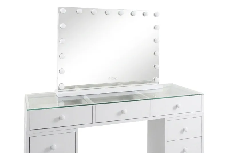 Glow Sminkbord 120 cm med Glasskiva Förvaring och Lådor samt Spegel 80 cm med Belysning - Vit - Möbler - Bord & matgrupp - Sminkbord & toalettbord