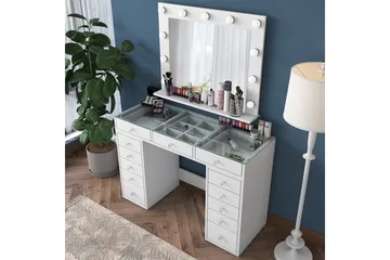Ramender Stort Sminkbord med spegel och lampor med förvaring - Glas / Vit - Möbler - Bord & matgrupp - Sminkbord & toalettbord