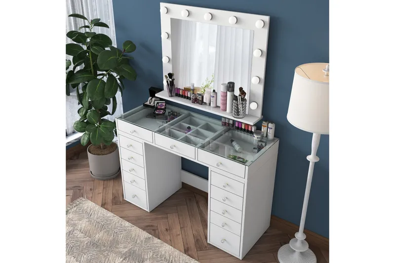 Ramender Stort Sminkbord med spegel och lampor med förvaring - Glas / Vit - Möbler - Bord & matgrupp - Sminkbord & toalettbord