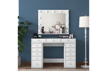 Ramender Stort Sminkbord med spegel och lampor med förvaring - Glas / Vit - Möbler - Bord & matgrupp - Sminkbord & toalettbord