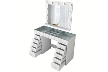 Ramender Stort Sminkbord med spegel och lampor med förvaring - Glas / Vit - Möbler - Bord & matgrupp - Sminkbord & toalettbord