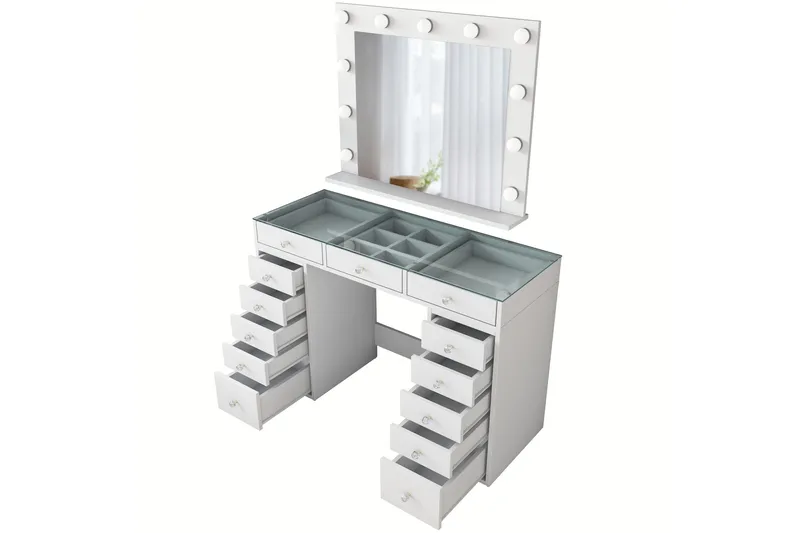 Ramender Stort Sminkbord med spegel och lampor med förvaring - Glas / Vit - Möbler - Bord & matgrupp - Sminkbord & toalettbord