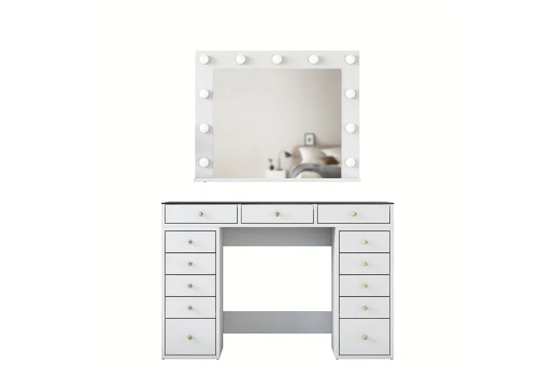 Ramender Stort Sminkbord med spegel och lampor med förvaring - Glas / Vit - Möbler - Bord & matgrupp - Sminkbord & toalettbord