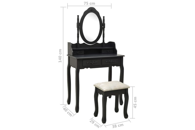 Sminkbord med pall svart 75x69x140 cm paulowniaträ - Svart - Sminkbord & toalettbord