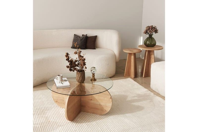 Bengul 75 cm Runt Soffbord i Glas med Träunderrede - Klar - Möbler - Bord & matgrupp - Soffbord