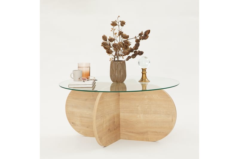 Bengul 75 cm Runt Soffbord i Glas med Träunderrede - Klar - Möbler - Bord & matgrupp - Soffbord