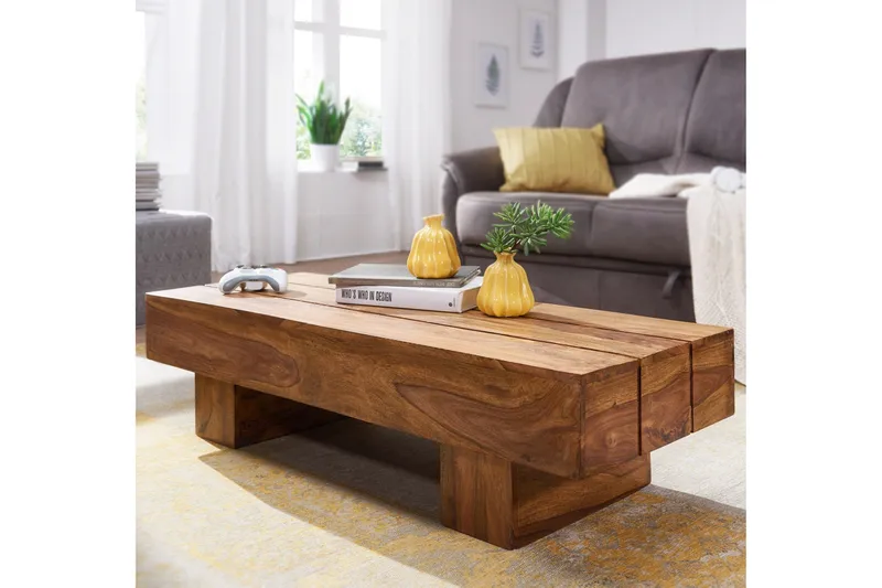 Brano 120 cm Rektangulärt Soffbord i Massivt Trä med Massiv Balkdesign - Brun - Möbler - Bord & matgrupp - Soffbord