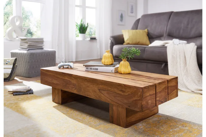 Brano 120 cm Rektangulärt Soffbord i Massivt Trä med Massiv Balkdesign - Brun - Möbler - Bord & matgrupp - Soffbord