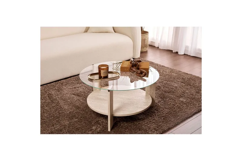 Soffbord Clara 75 cm med Glasskiva - Travertin / Transparent - Möbler - Bord & matgrupp - Soffbord
