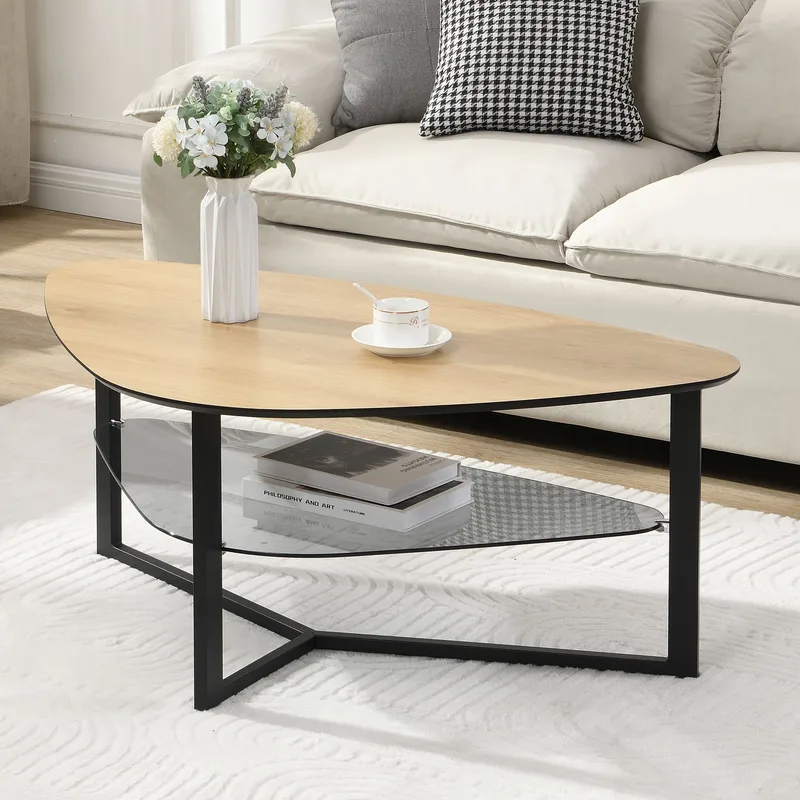 Erlona Soffbord 110 cm njurformat med eklook, glashylla och metallstomme - eklook / svart - Möbler - Bord & matgrupp - Soffbord - Soffbord med förvaring
