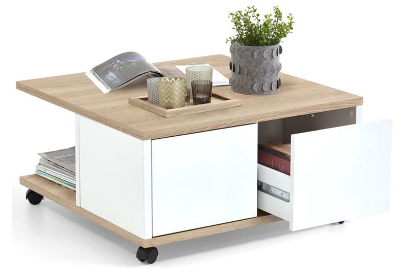 FMD Soffbord med hjul 70x70x36 cm ek och glansig vit - Flerfärgad - Soffbord