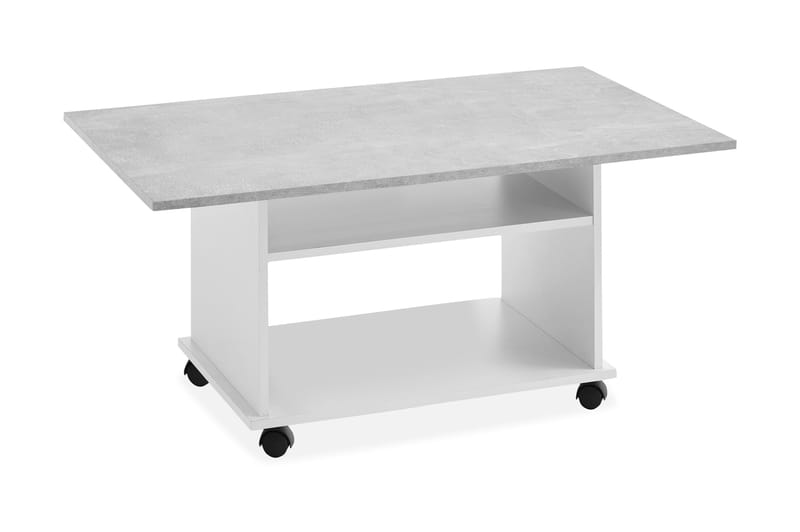Soffbord Heidy 100 cm med Förvaring Hylla på Hjul - Vit/Betonggrå - Soffbord