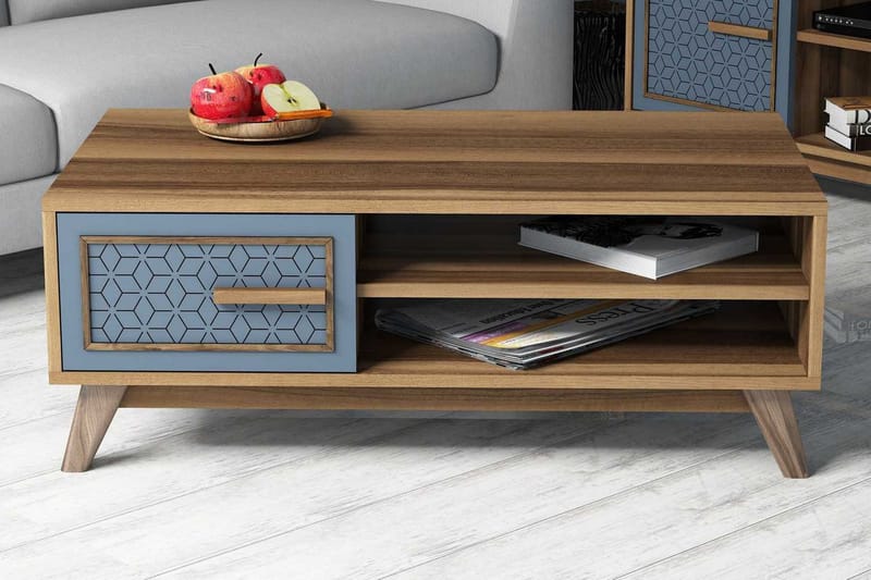 Hovdane Soffbord 105 cm m Förvaring 2 Hyllor+Skåp Diamantmön, Brun/Blå