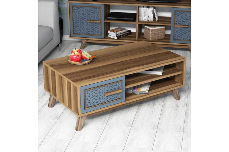Hovdane Soffbord 105 cm m Förvaring 2 Hyllor+Skåp Diamantmön - Brun/Blå - Möbler - Bord & matgrupp - Soffbord - Soffbord med förvaring