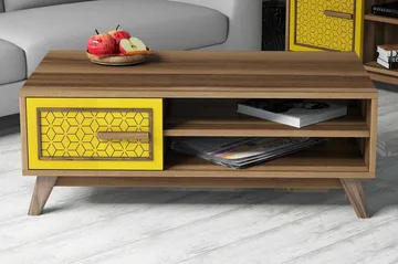 Hovdane Soffbord 105 cm m Förvaring 2 Hyllor+Skåp Diamantmön - Brun/Gul/Ek - Möbler - Bord & matgrupp - Soffbord - Soffbord med förvaring