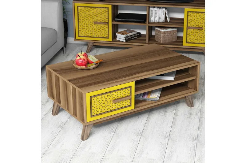 Hovdane Soffbord 105 cm m Förvaring 2 Hyllor+Skåp Diamantmön - Brun/Gul/Ek - Möbler - Bord & matgrupp - Soffbord - Soffbord med förvaring