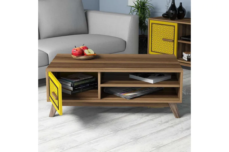 Hovdane Soffbord 105 cm m Förvaring 2 Hyllor+Skåp Diamantmön - Brun/Gul/Ek - Möbler - Bord & matgrupp - Soffbord - Soffbord med förvaring