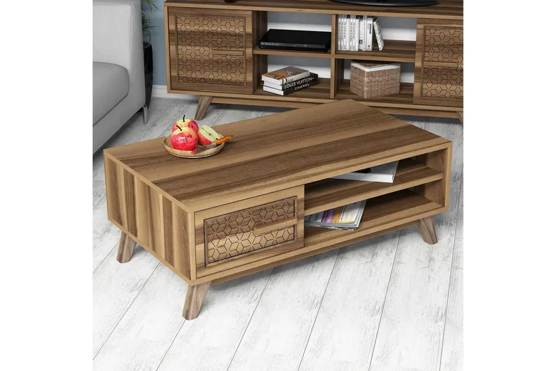 Hovdane Soffbord 105 cm m Förvaring 2 Hyllor+Skåp Diamantmön - Brun/Natur - Möbler - Bord & matgrupp - Soffbord - Soffbord med förvaring