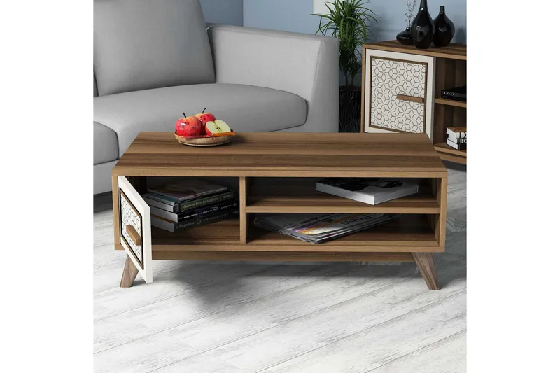 Hovdane Soffbord 105 cm m Förvaring 2 Hyllor+Skåp Diamantmön - Brun/Vit - Möbler - Bord & matgrupp - Soffbord - Soffbord med förvaring