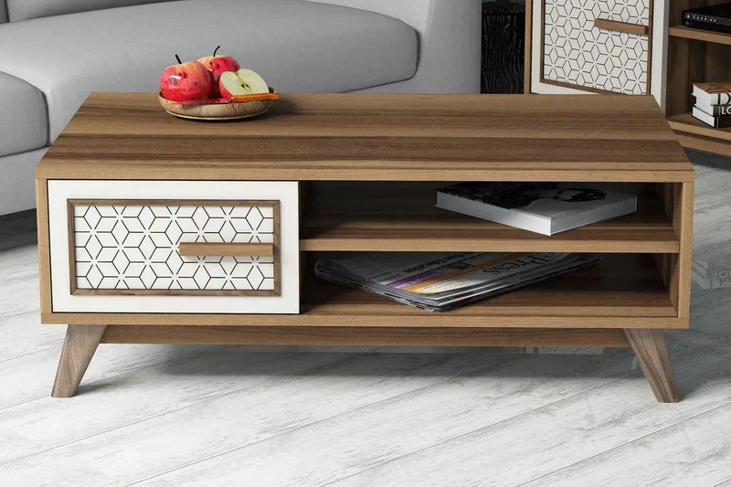 Hovdane Soffbord 105 cm m Förvaring 2 Hyllor+Skåp Diamantmön - Brun/Vit - Möbler - Bord & matgrupp - Soffbord - Soffbord med förvaring