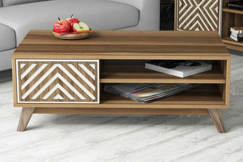 Hovdane Soffbord 105 cm med Förvaring 2 Hyllor + Skåp Linjer - Brun/Vit/Ek - Möbler - Bord & matgrupp - Soffbord - Soffbord med förvaring