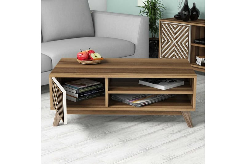 Hovdane Soffbord 105 cm med Förvaring 2 Hyllor + Skåp Linjer - Brun/Vit/Ek - Möbler - Bord & matgrupp - Soffbord - Soffbord med förvaring