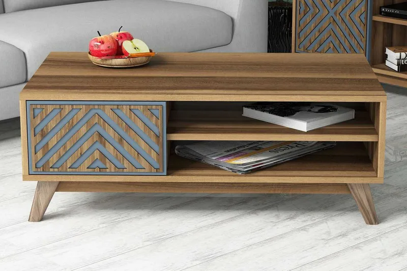 Hovdane Soffbord 105 cm med Förvaring 2 Hyllor Linjer + Skåp - Blå/Brun - Möbler - Bord & matgrupp - Soffbord - Soffbord med förvaring